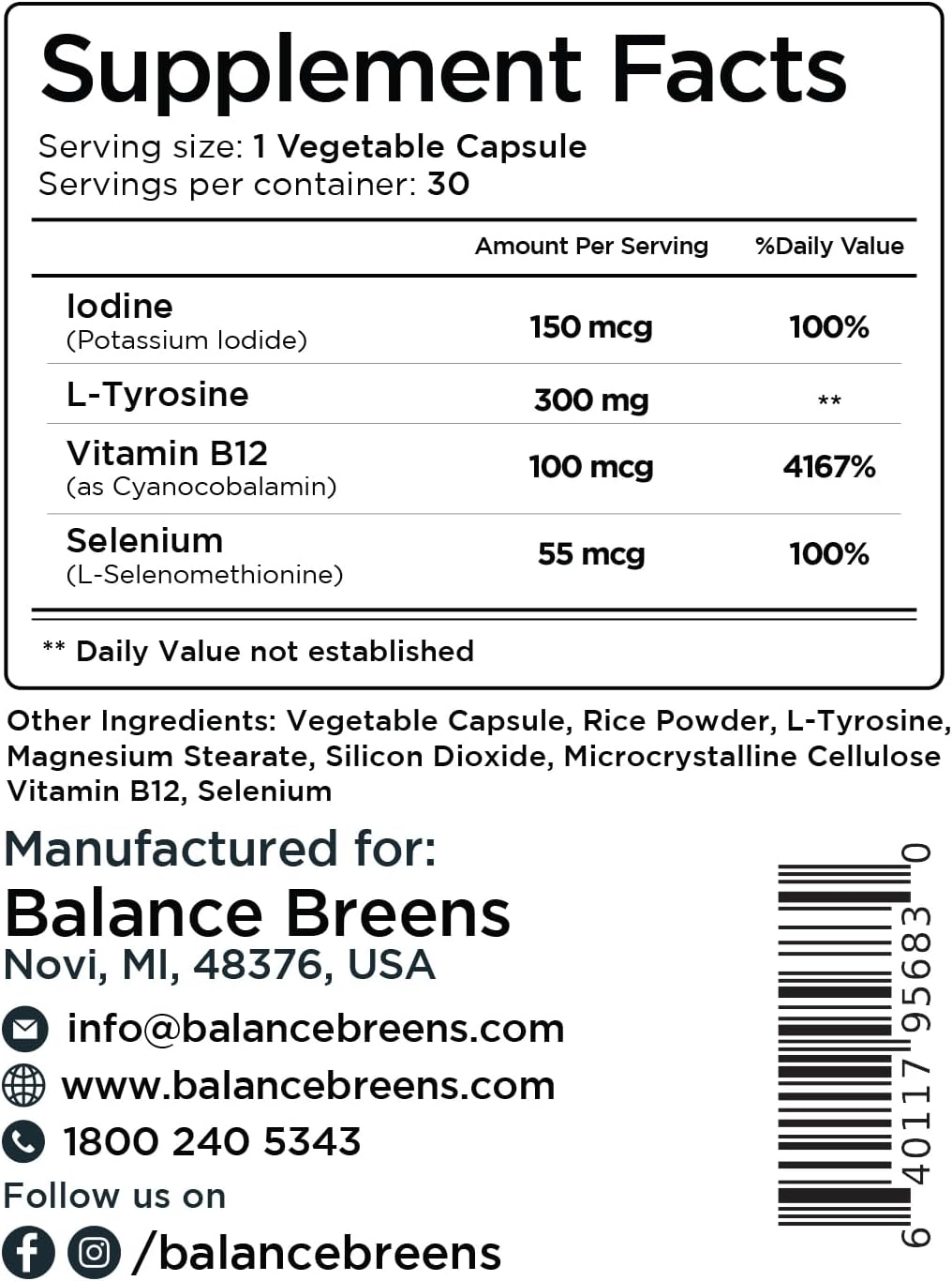 Thyroid Support Supplement with Iodine, L-Tyrosine, Vitamin B12 & Selenium - Boost Energy, Metabolism & Focus with 30 Veg Capsules