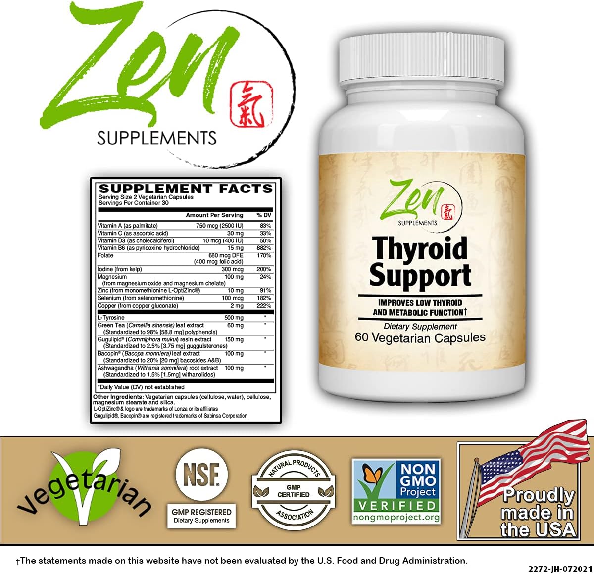 Thyroid Support Supplement with Kelp Iodine, Ashwagandha, Vitamin A, C, D3, B6 - Boost Energy & Metabolism - 60 VegCaps for Men & Women