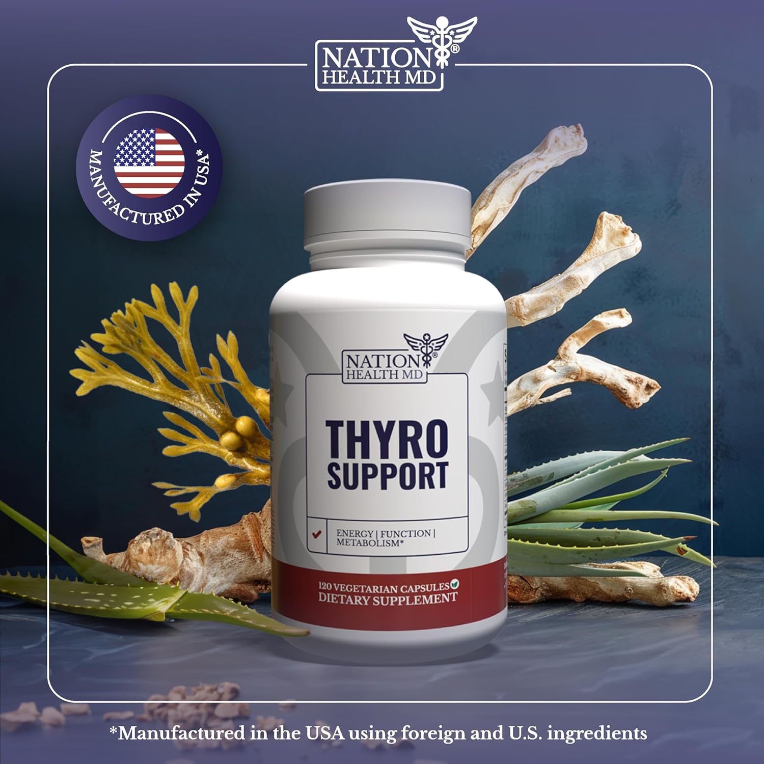 Thyroid Support Supplement with Selenium, Bladderwrack & Zinc for Men & Women - 120 Capsules - Vegan, Non GMO, Gluten Free