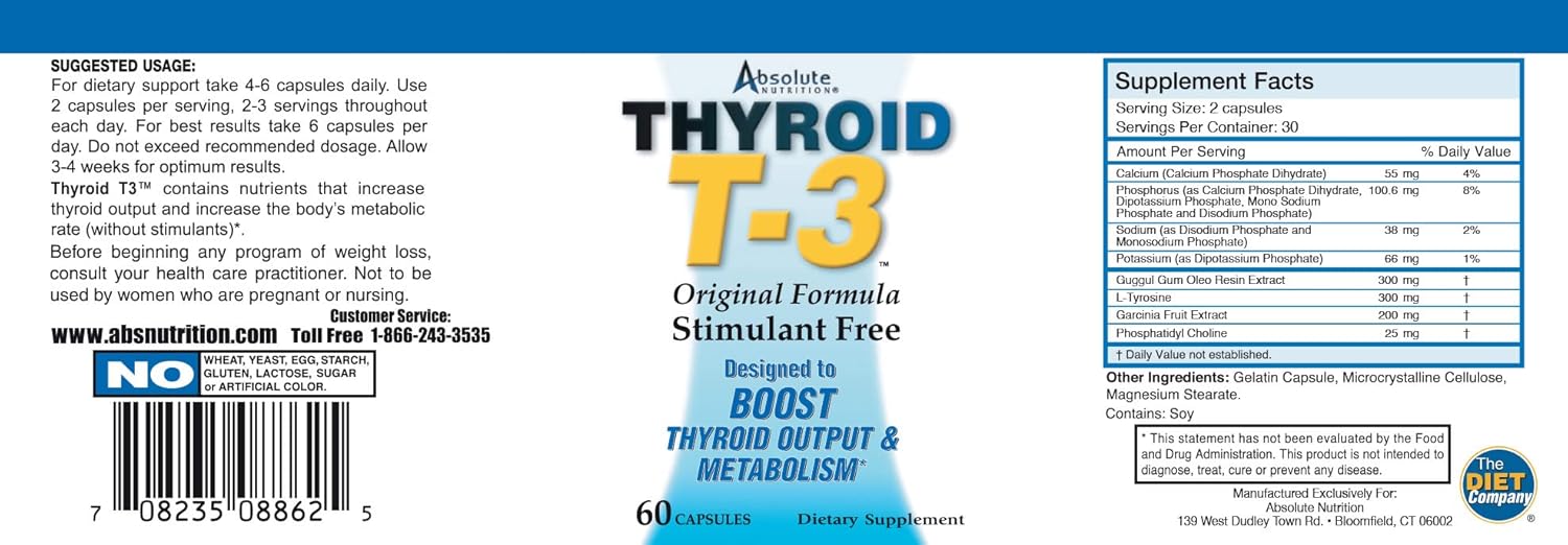 Thyroid T3 Metabolic Support Capsules for Energy & Focus, Natural Formula, Non-GMO, Caffeine-Free - 2 Pack, 120 Capsules