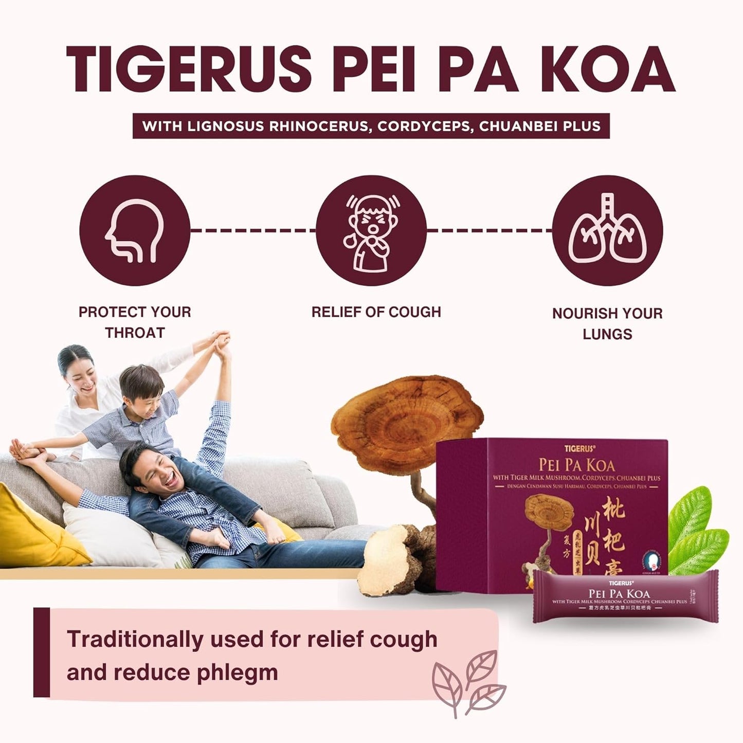 TIGERUS Pei Pa Koa Sachets with Tiger Milk Mushroom & CORDYCEPS - 7.5ml, Pack of 24