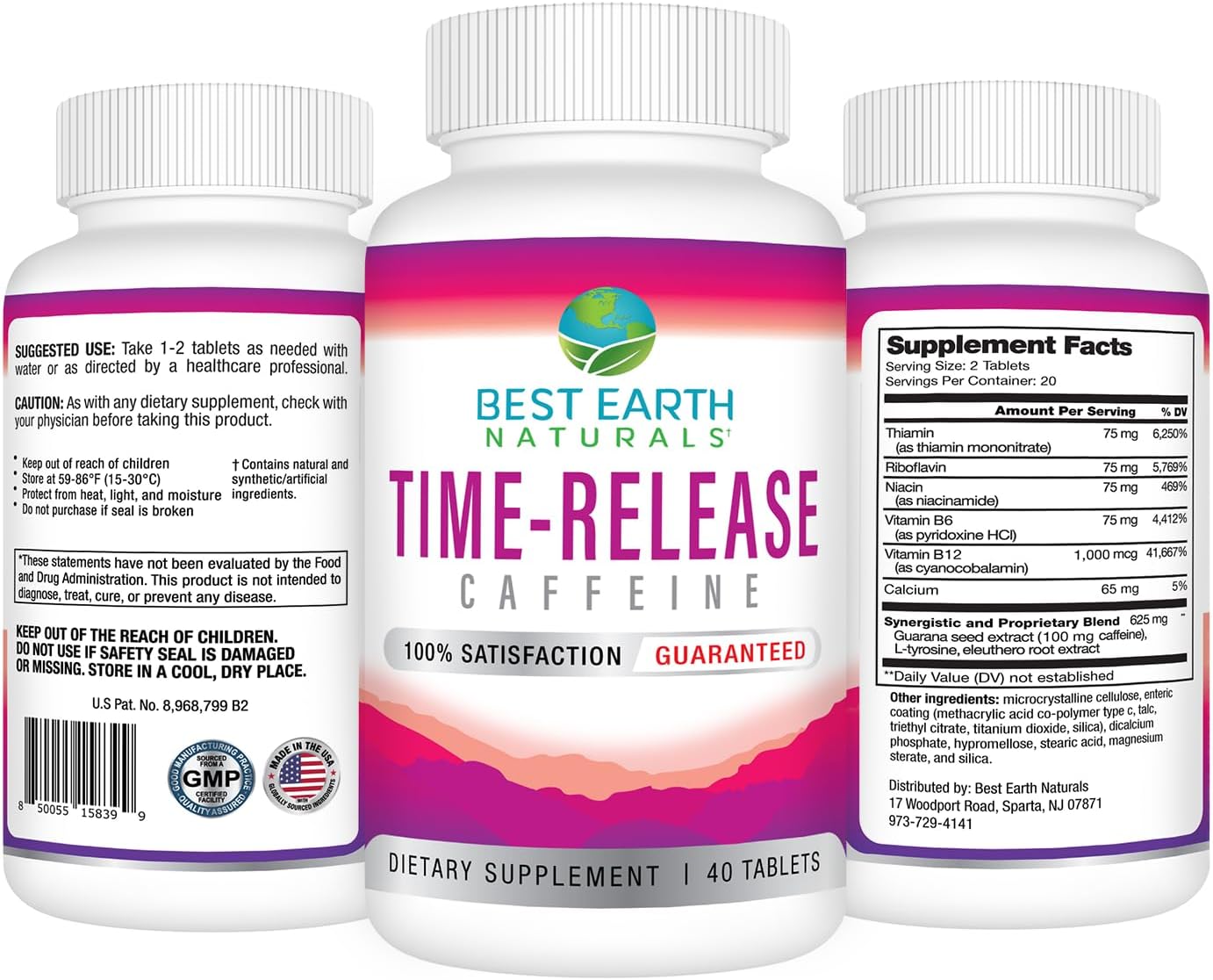 Time Release Caffeine Energy Supplement with L-Tyrosine and B Vitamins - Natural Energy Boost for Women and Men - 40 Count