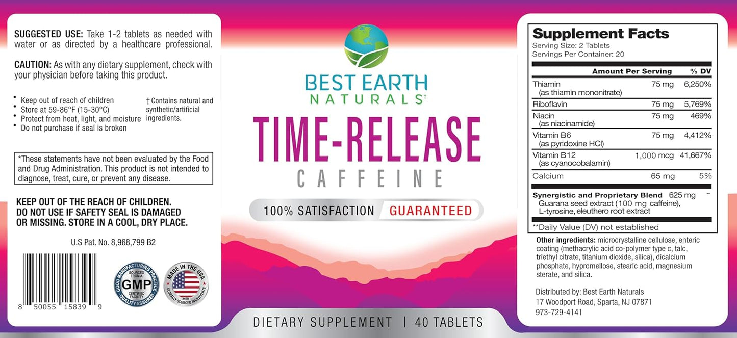 Time Release Caffeine Energy Supplement with L-Tyrosine and B Vitamins - Natural Energy Boost for Women and Men - 40 Count