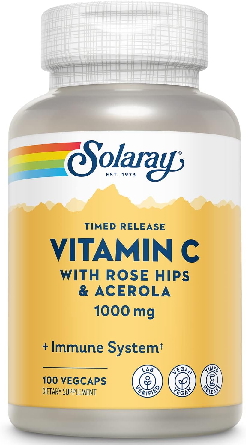Time Release Vitamin C Capsules with Rose Hips and Acerola for Immune Support - 1000mg, Vegan, 100 Servings