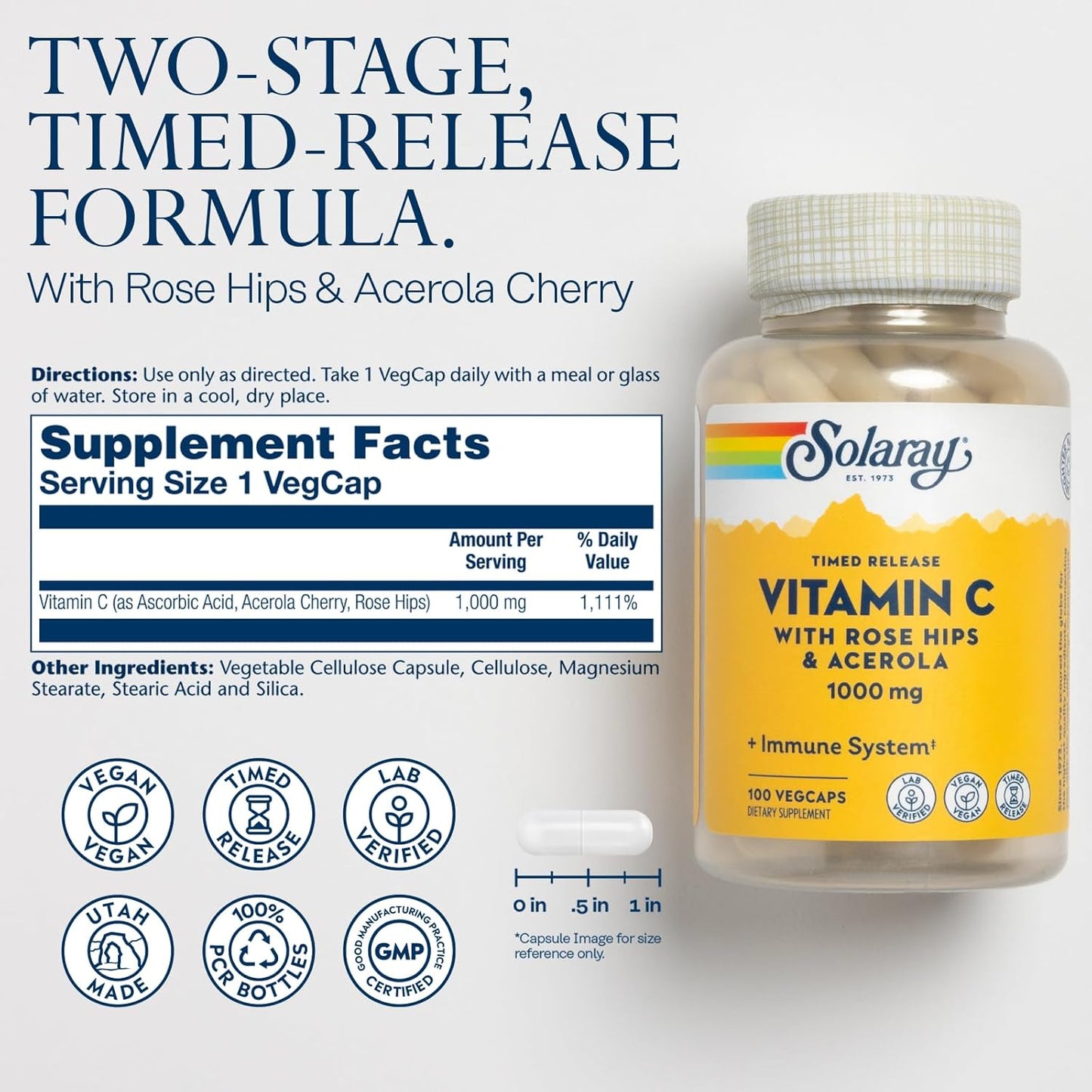 Time Release Vitamin C Capsules with Rose Hips and Acerola for Immune Support - 1000mg, Vegan, 100 Servings