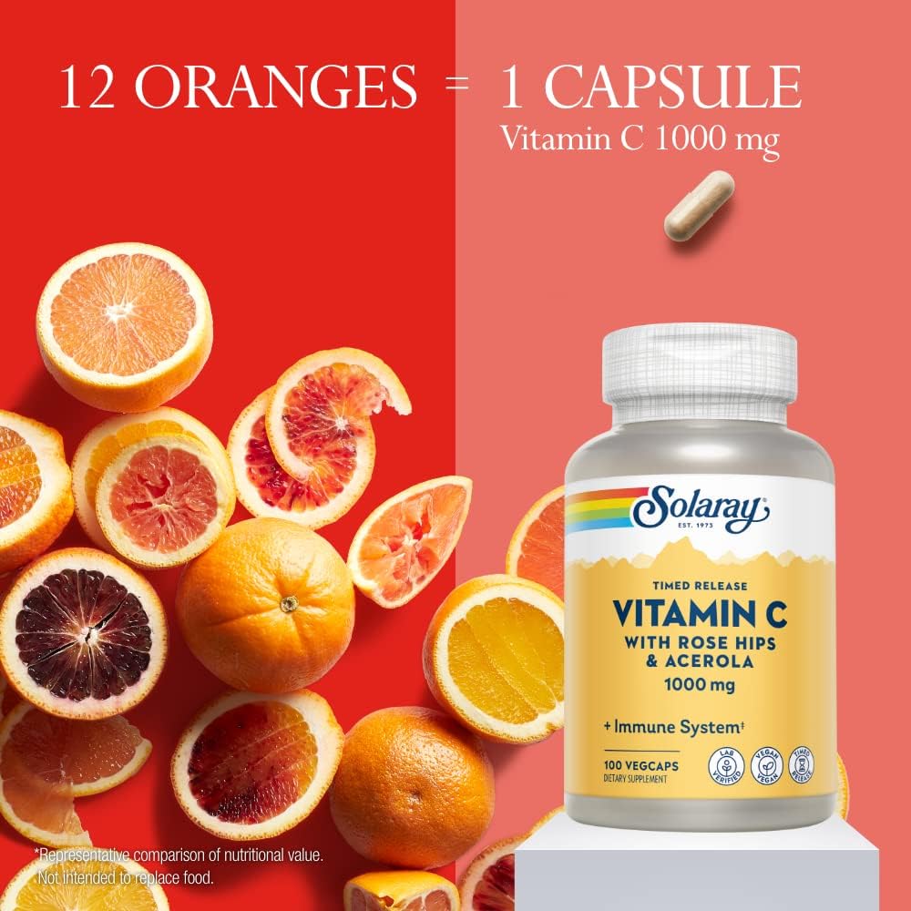 Time Release Vitamin C Capsules with Rose Hips and Acerola for Immune Support - 1000mg, Vegan, 100 Servings