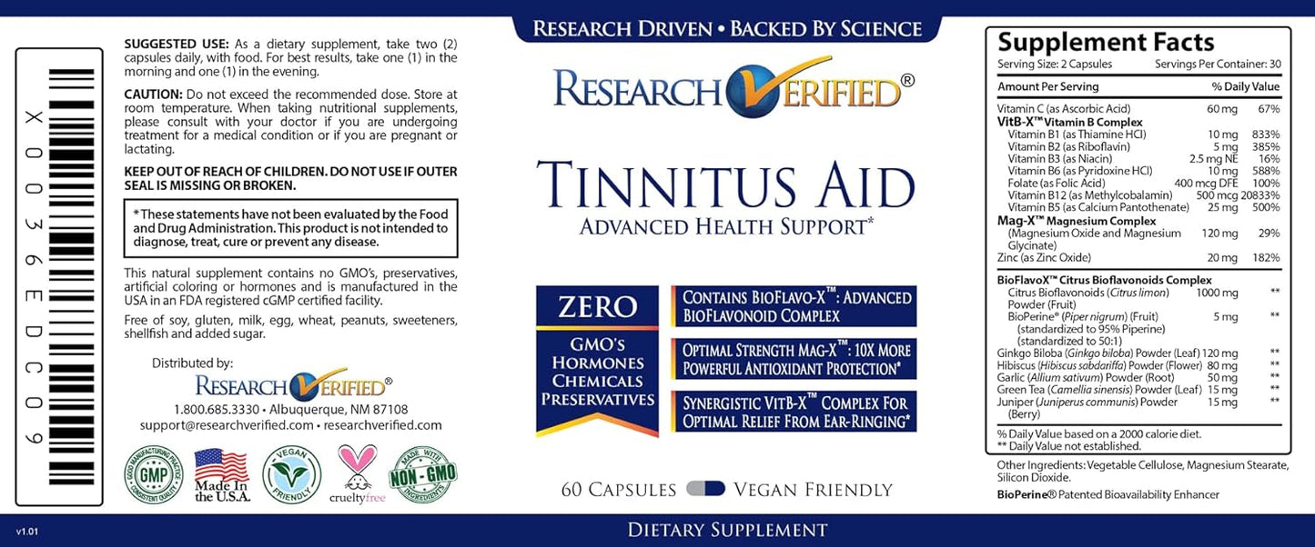 Tinnitus Aid with Ginkgo Biloba, Vitamin C, B Complex, Magnesium - Vegan Capsules - Made in USA - Reduce Internal Ringing