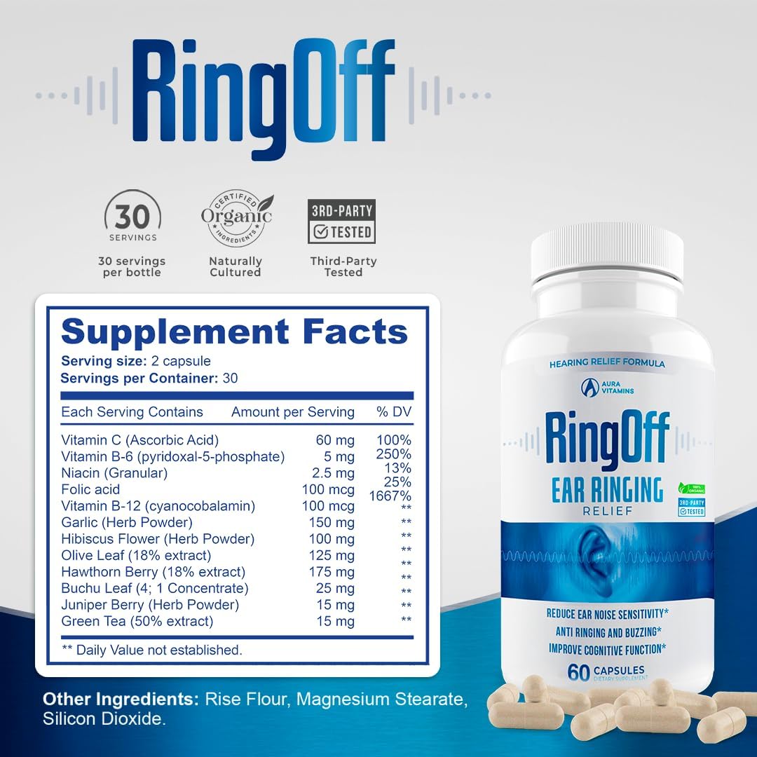 Tinnitus Relief Capsules - Clear Ear Ringing & Restore Inner Peace - Ginkgo Biloba, Zinc Picolinate - Hearing Health Support (60 Count)