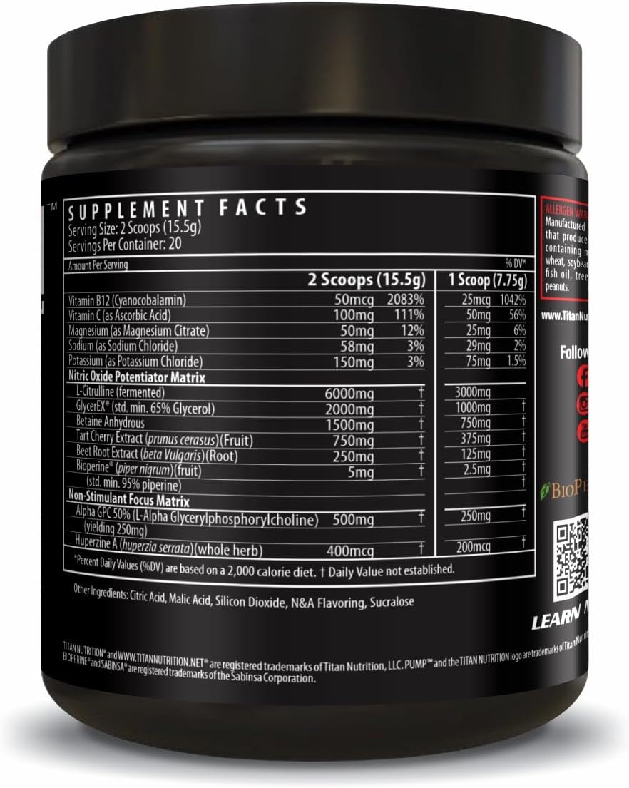 Titan Nutrition Pump Nitric Oxide Boosting Stack - Citruline Malate for Max Pump & Blood Flow, Mental Edge Complex for Focus (Rainbow Tart)