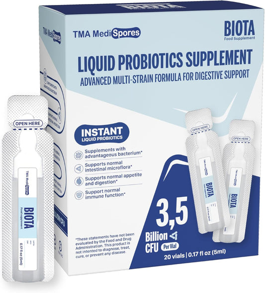 TMA Medispores Biota Probiotic Drink for Digestive Health, Immune Support - Fast-Acting Stomach Relief, Daily Probiotic for Adults & Kids - Gluten, Sugar-Free, NON-GMO - 20 Servings