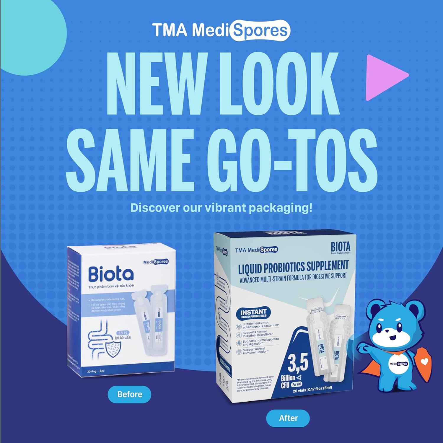 TMA Medispores Biota Probiotic Drink for Digestive Health, Immune Support - Fast-Acting Stomach Relief, Daily Probiotic for Adults & Kids - Gluten, Sugar-Free, NON-GMO - 20 Servings