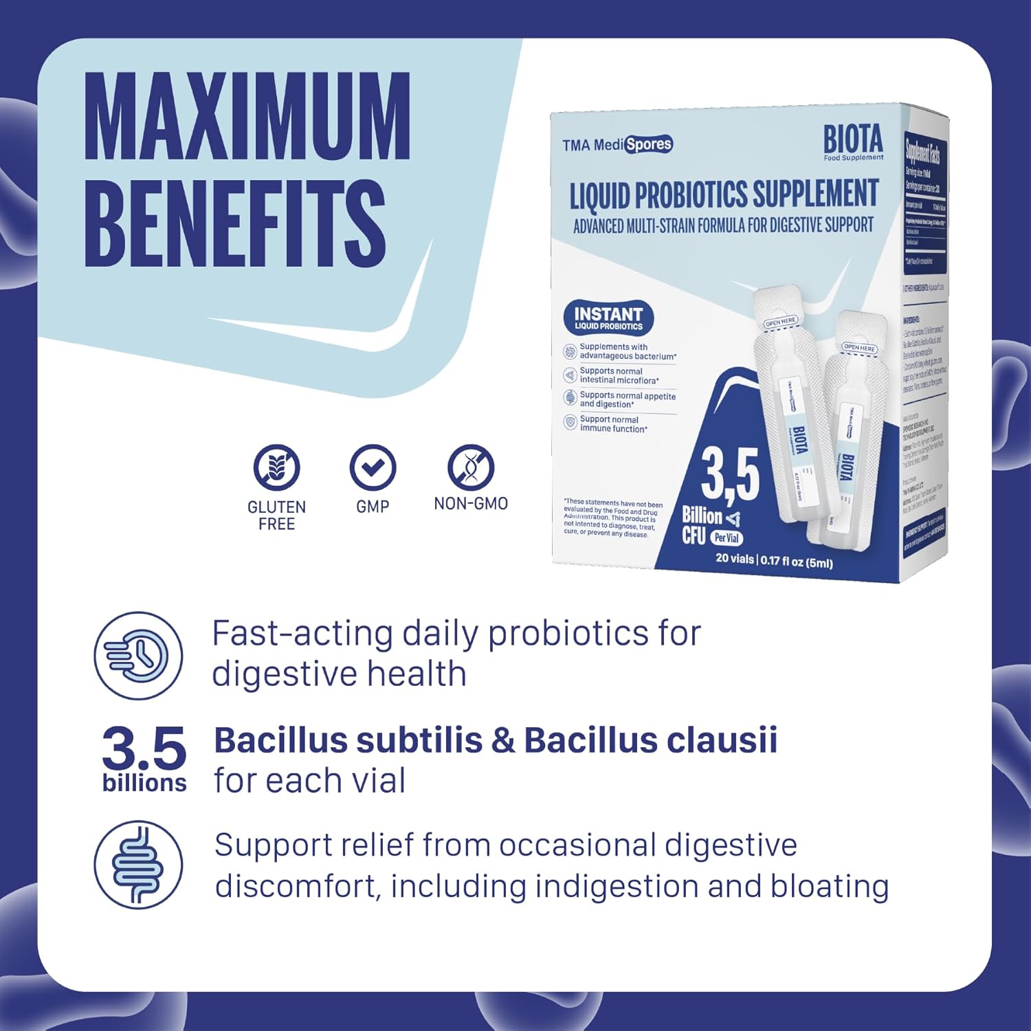 TMA Medispores Biota Probiotic Drink for Digestive Health, Immune Support - Fast-Acting Stomach Relief, Daily Probiotic for Adults & Kids - Gluten, Sugar-Free, NON-GMO - 20 Servings