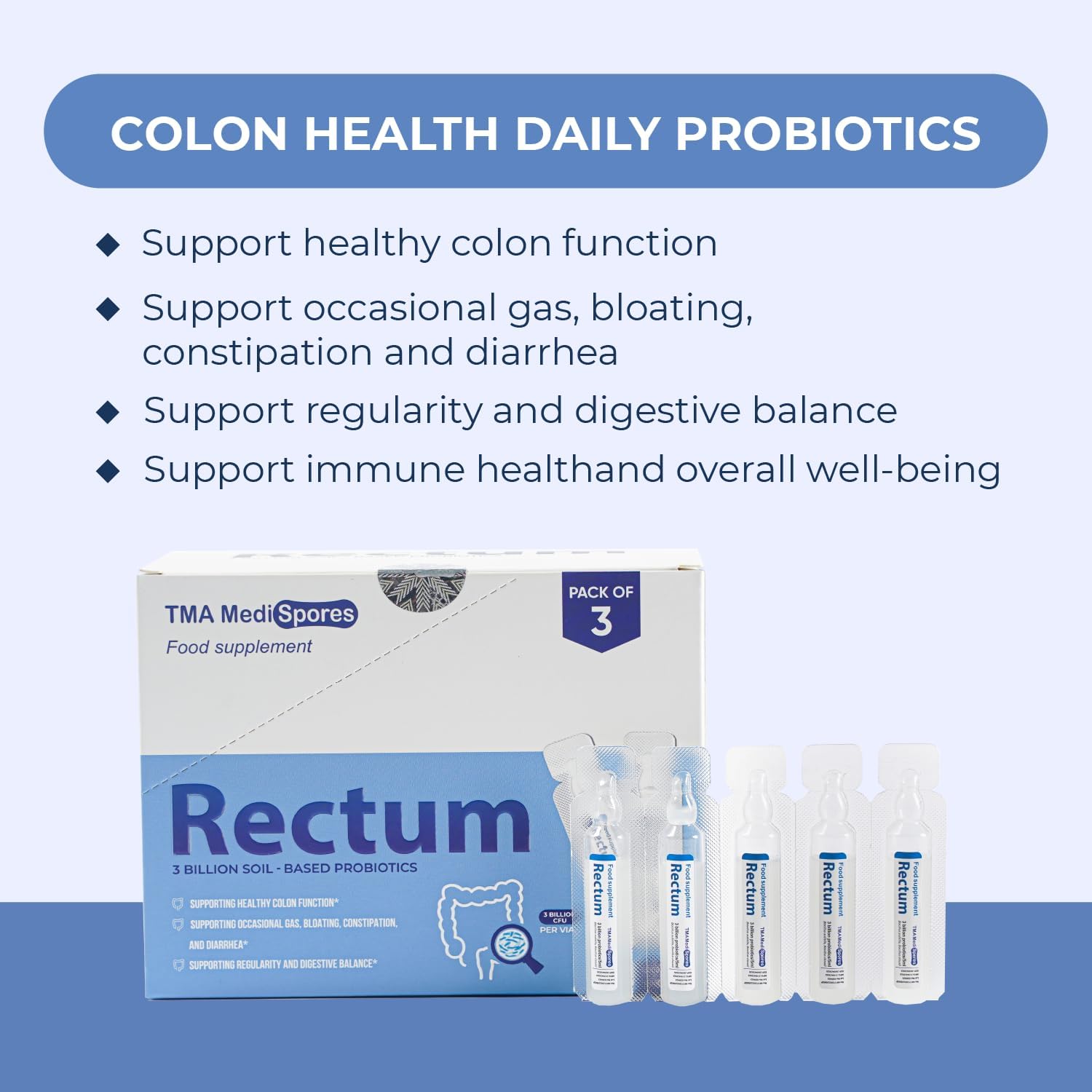 TMA Medispores Rectum Probiotic Liquid: Gut Health Support for Stomach Relief, Bloating, Immune System, Digestive Health - 20 Vials (3 Billion CFUs/Vial) for Adults and Kids