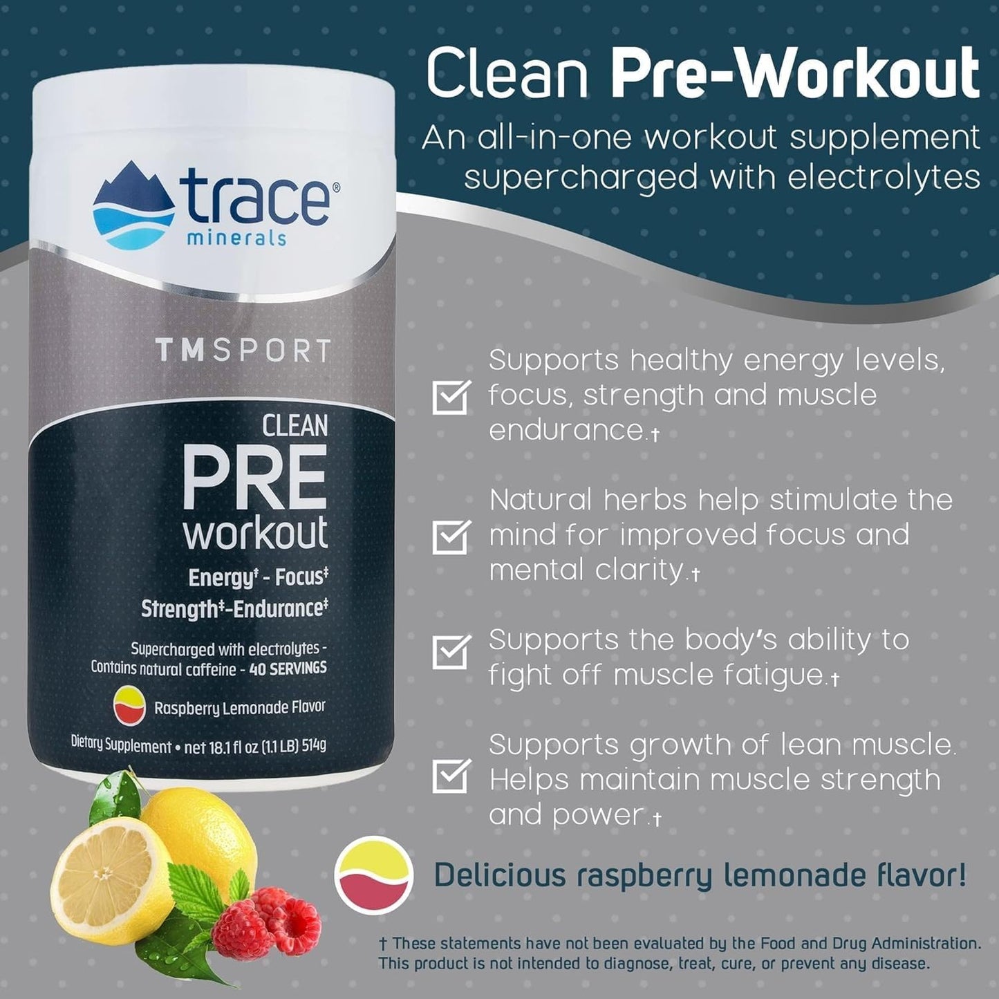 TMSPORT Series Raspberry Lemonade Pre Workout Supplement | Energy & Strength Booster with Trace Minerals | No Artificial Color | 18.1 oz, 40 Servings