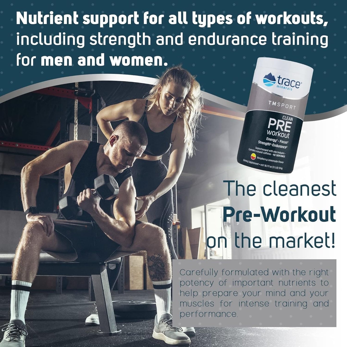 TMSPORT Series Raspberry Lemonade Pre Workout Supplement | Energy & Strength Booster with Trace Minerals | No Artificial Color | 18.1 oz, 40 Servings