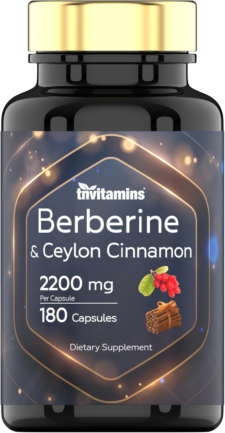 tnvitamins Berberine and Ceylon Cinnamon Capsules - 2200 mg, 180 Count - Natural Supplement for Weight Management, Cardiovascular & Circulatory Health - 6 Months Supply*