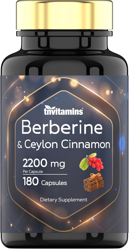 tnvitamins Berberine and Ceylon Cinnamon Capsules - 2200 mg, 180 Count - Natural Supplement for Weight Management, Cardiovascular & Circulatory Health - 6 Months Supply*