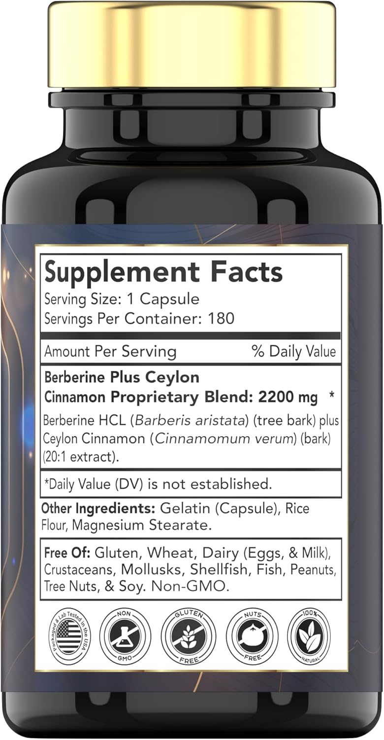 tnvitamins Berberine and Ceylon Cinnamon Capsules - 2200 mg, 180 Count - Natural Supplement for Weight Management, Cardiovascular & Circulatory Health - 6 Months Supply*