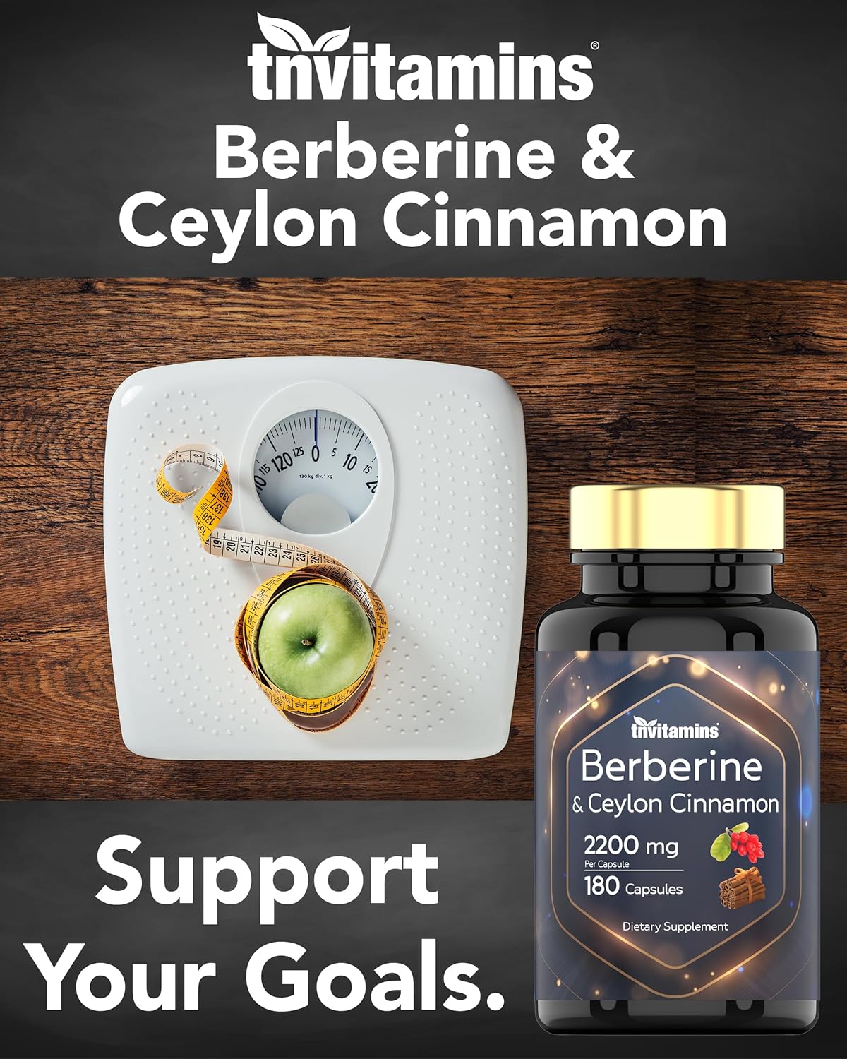 tnvitamins Berberine and Ceylon Cinnamon Capsules - 2200 mg, 180 Count - Natural Supplement for Weight Management, Cardiovascular & Circulatory Health - 6 Months Supply*
