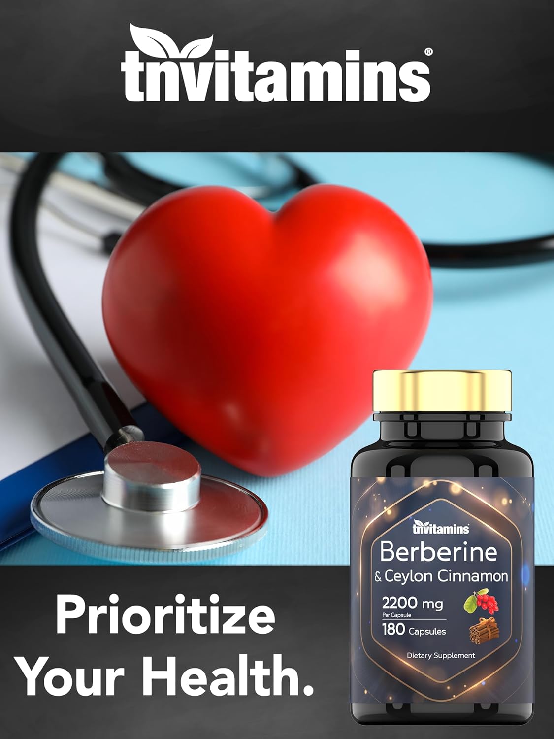 tnvitamins Berberine and Ceylon Cinnamon Capsules - 2200 mg, 180 Count - Natural Supplement for Weight Management, Cardiovascular & Circulatory Health - 6 Months Supply*