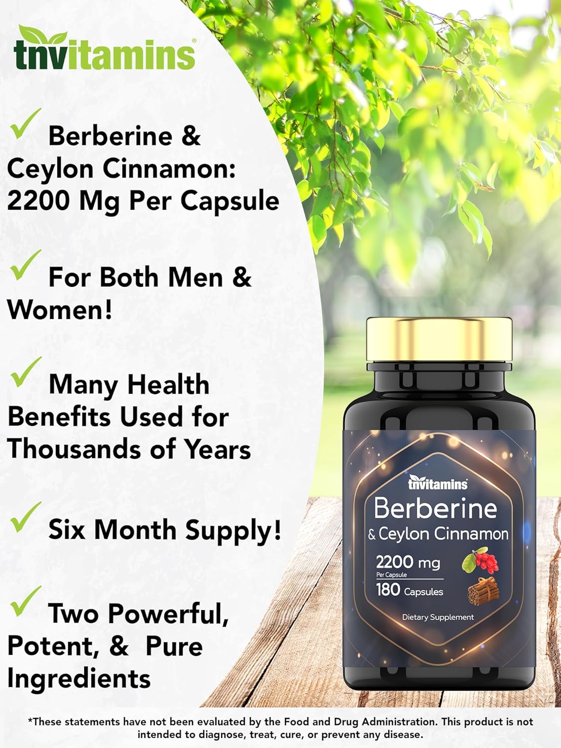 tnvitamins Berberine and Ceylon Cinnamon Capsules - 2200 mg, 180 Count - Natural Supplement for Weight Management, Cardiovascular & Circulatory Health - 6 Months Supply*