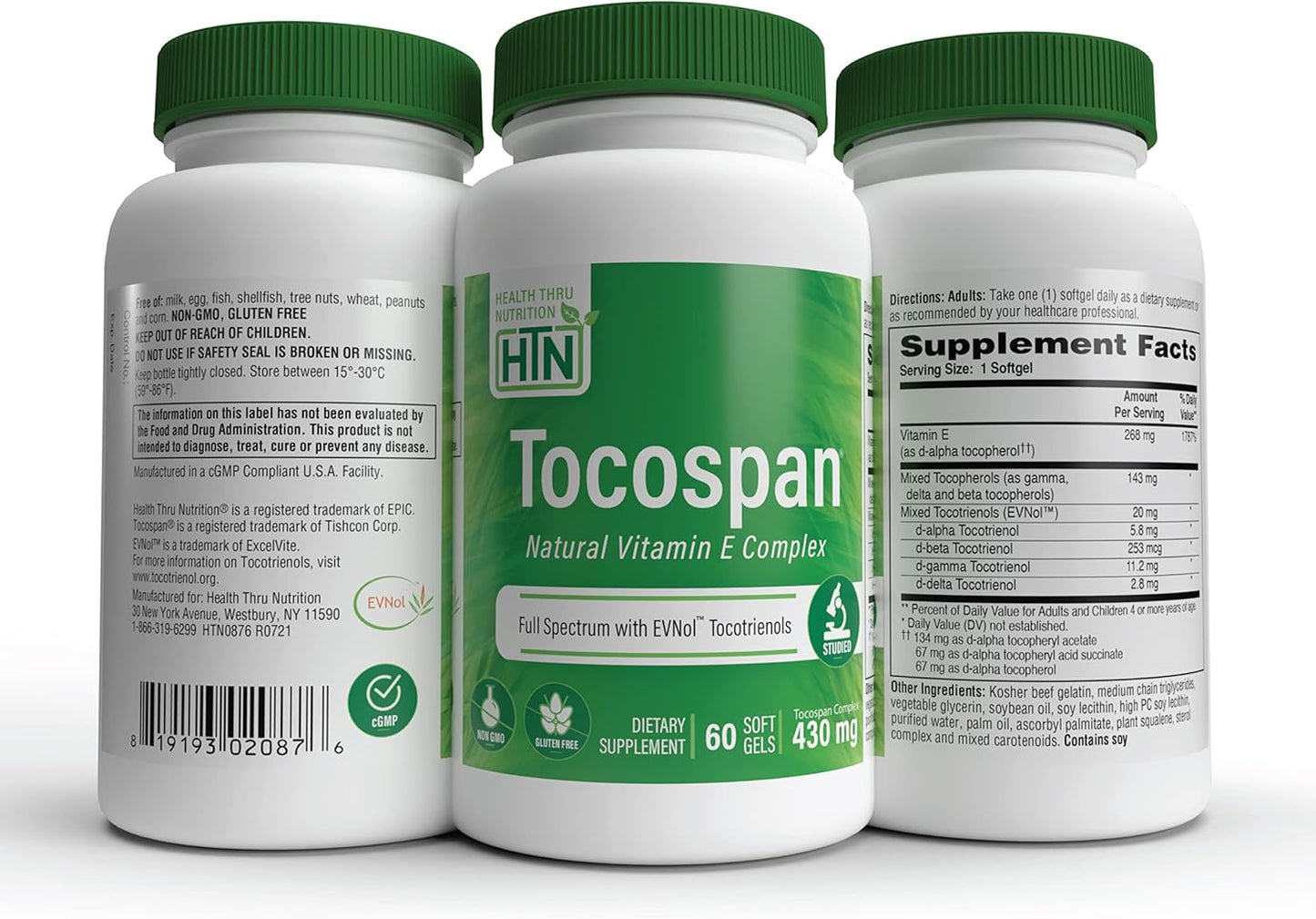 Tocospan Full Spectrum Vitamin-E 430mg with EVNol Tocotrienols - Pack of 60 | Cardiovascular & Antioxidant Support | All 8 Natural Vitamin E Sources