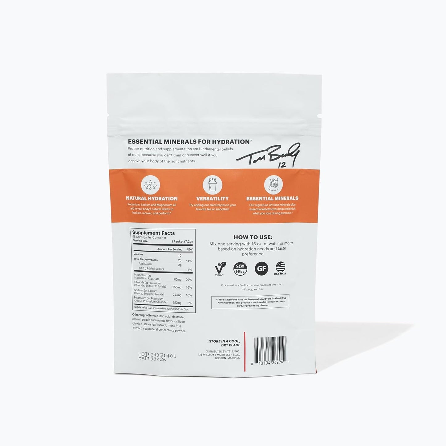 Tom Brady TB12 Peach Mango Electrolyte Supplement Powder - 15 Stickpacks, Vegan & Gluten-Free