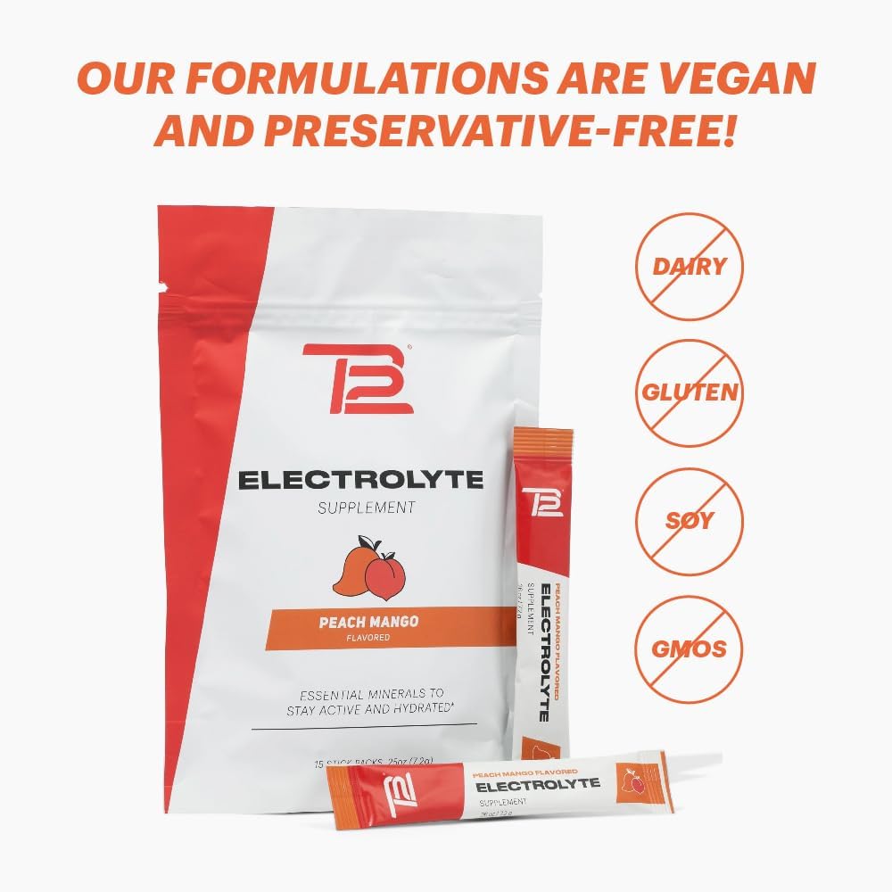 Tom Brady TB12 Peach Mango Electrolyte Supplement Powder - 15 Stickpacks, Vegan & Gluten-Free