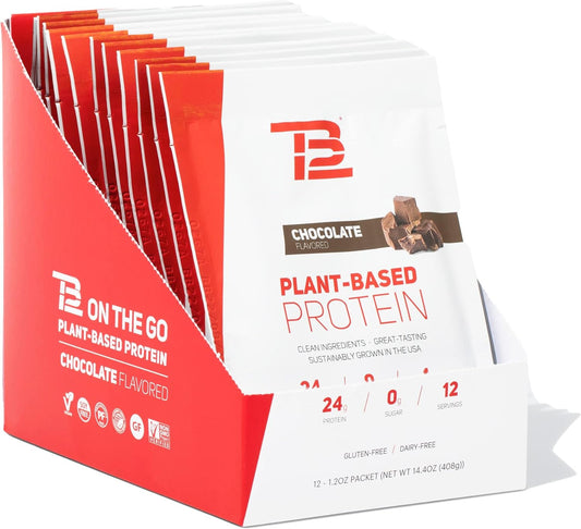 Tom Brady TB12 Plant Based Protein Powder - 24g Vegan Pea Protein, Low Sugar, Non-GMO, Meal Replacement - Keto, Paleo, Chocolate Flavor - 12 Pack