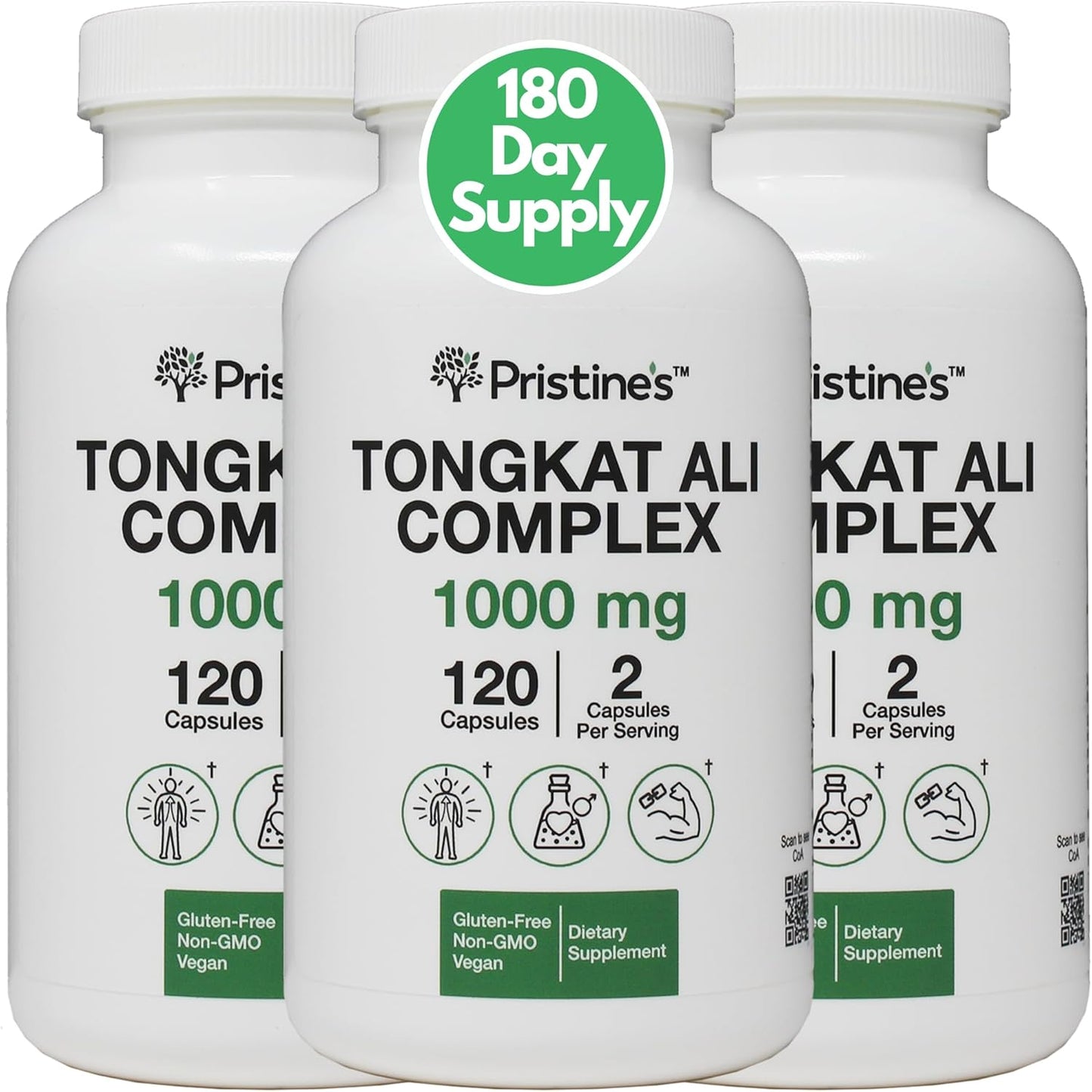 Tongkat Ali 1000mg 3-Pack - 180 Day Supply for Athletic Performance - Lean Muscle Building Supplement - Vegan, Gluten Free & Non GMO - Men & Women
