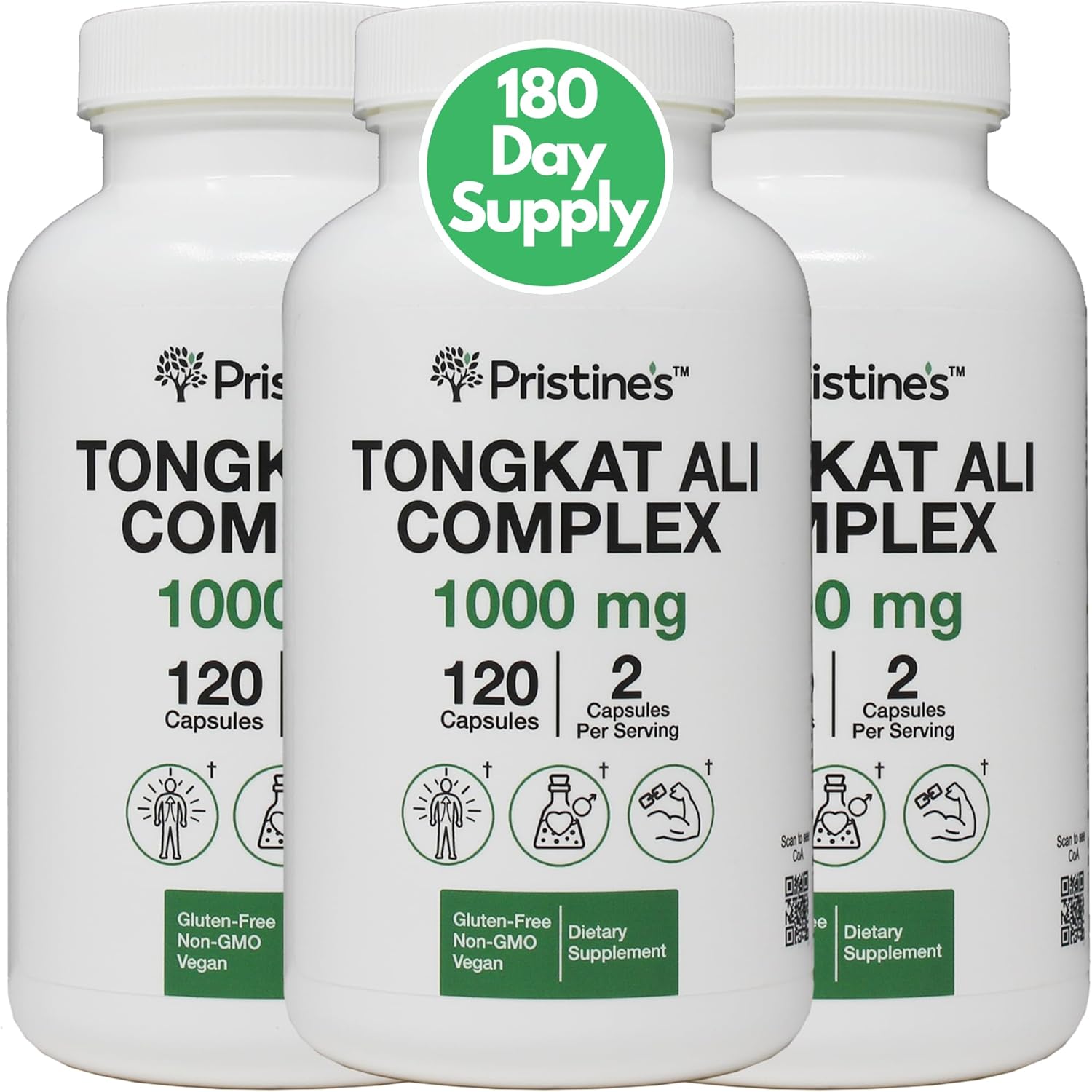 Tongkat Ali 1000mg 3-Pack - 180 Day Supply for Athletic Performance - Lean Muscle Building Supplement - Vegan, Gluten Free & Non GMO - Men & Women