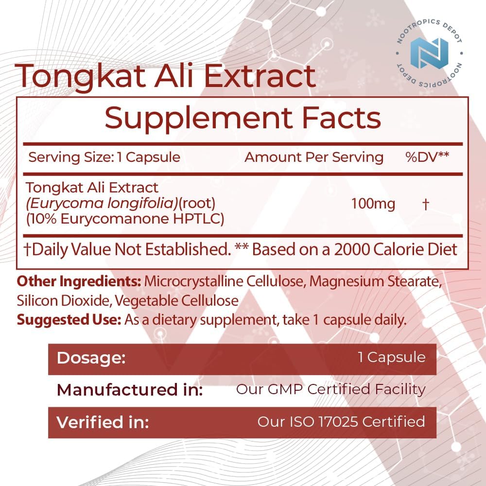 Tongkat Ali Extract Capsules 100mg - 60 Count - 10% Eurycomanone - Eurycoma longifolia Root Extract - Nootropics