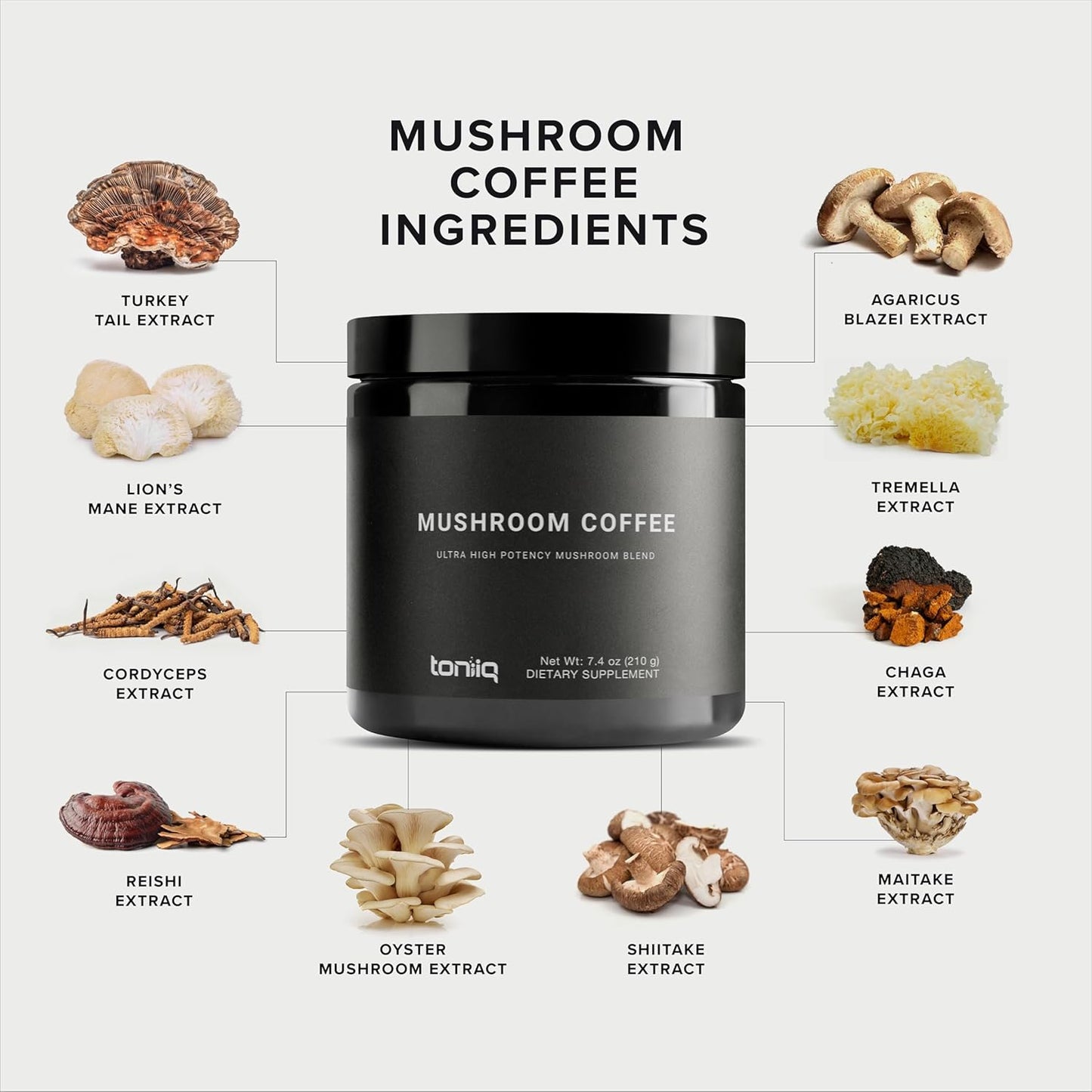 Toniiq Mushroom Coffee - Ultra High Potency 10:1 Concentrated Extract - Colombian Sourced Beans with 10 Mushroom Blend, Lion's Mane & Cordyceps - Rich & Functional Coffee Alternative - Third-Party Lab Tested