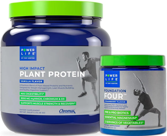Tony Horton High Impact Plant Protein Powder with 3000 MG of HMB (Vanilla) + Foundation Four Greens Drink with Pre & Probiotics & Essential Magnesium (Strawberry)