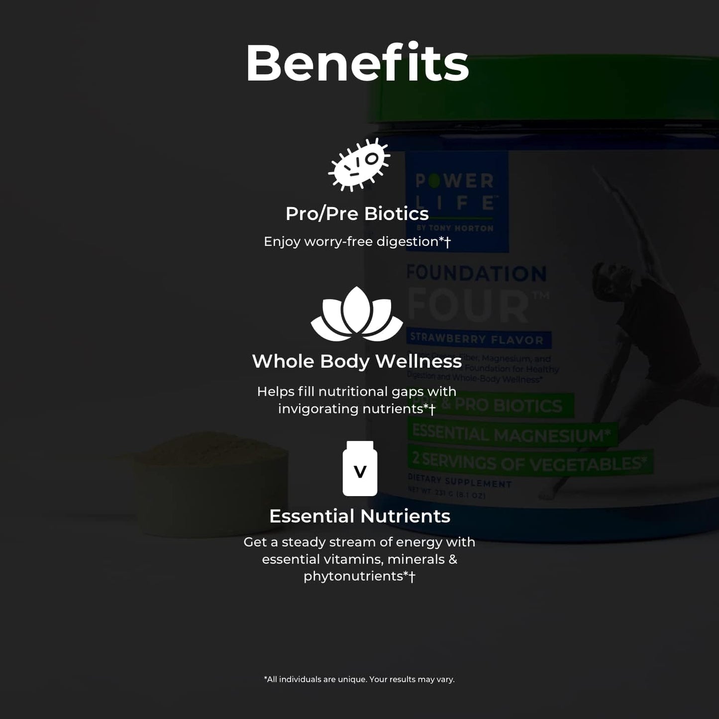 Tony Horton High Impact Plant Protein Powder with 3000 MG of HMB (Vanilla) + Foundation Four Greens Drink with Pre & Probiotics & Essential Magnesium (Strawberry)