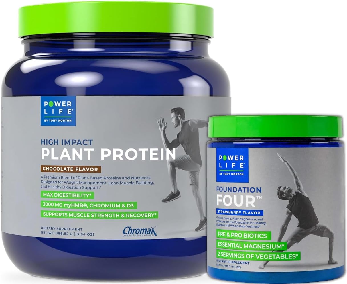 Tony Horton Powerlife Chocolate Plant Protein Powder with 3000 MG HMB & Foundation Four Greens Strawberry Drink