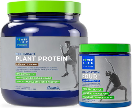 Tony Horton Powerlife Chocolate Plant Protein Powder with 3000 MG HMB & Foundation Four Greens Strawberry Drink