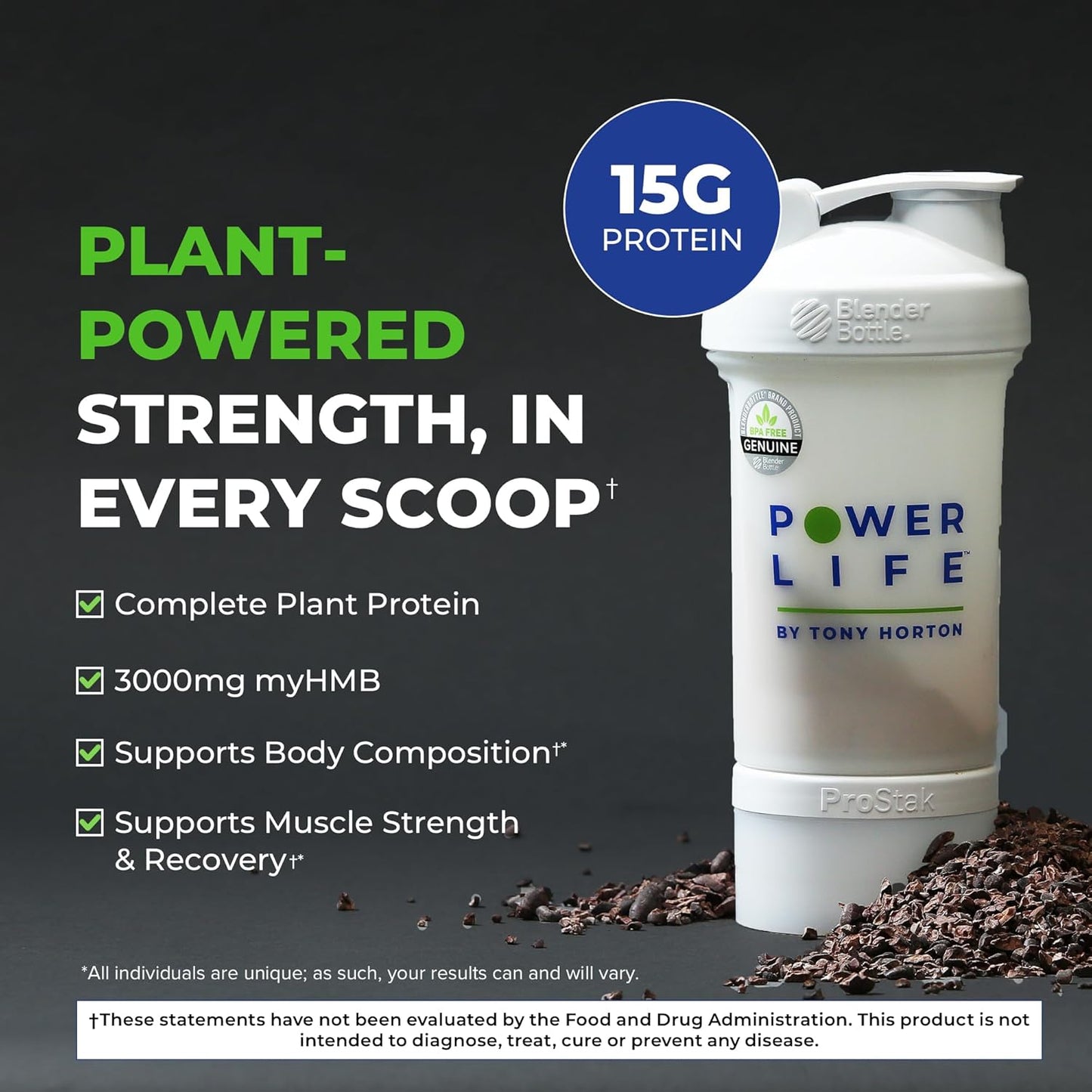 Tony Horton POWERLIFE Chocolate Plant Protein Powder with 3000 MG HMB, Vegan & Keto Friendly