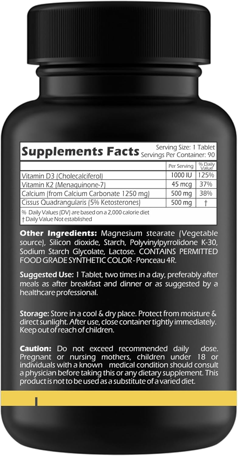 Total Bone & Joint Care Synergistic Complex with Cissus Quadrangularis, Calcium, Vitamin K2, and D - 90 Tablets