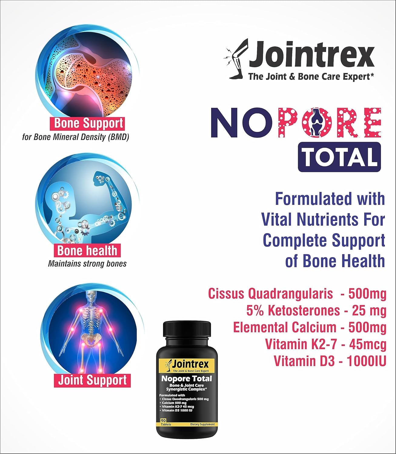 Total Bone & Joint Care Synergistic Complex with Cissus Quadrangularis, Calcium, Vitamin K2, and D - 90 Tablets