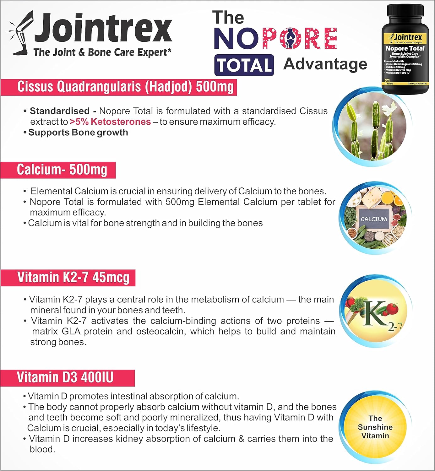 Total Bone & Joint Care Synergistic Complex with Cissus Quadrangularis, Calcium, Vitamin K2, and D - 90 Tablets