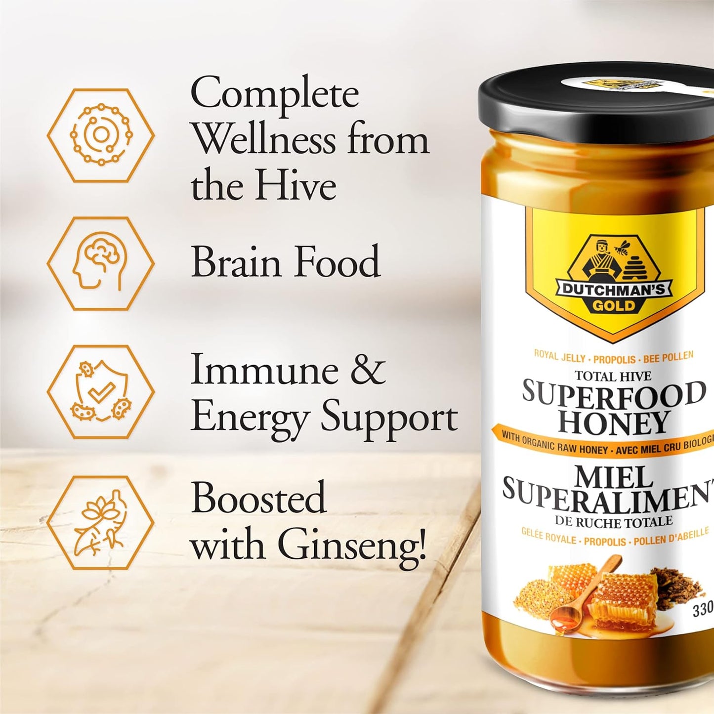 Total Hive Superfood Honey with Raw Honey, Royal Jelly, Propolis, Bee Pollen, and Ginseng