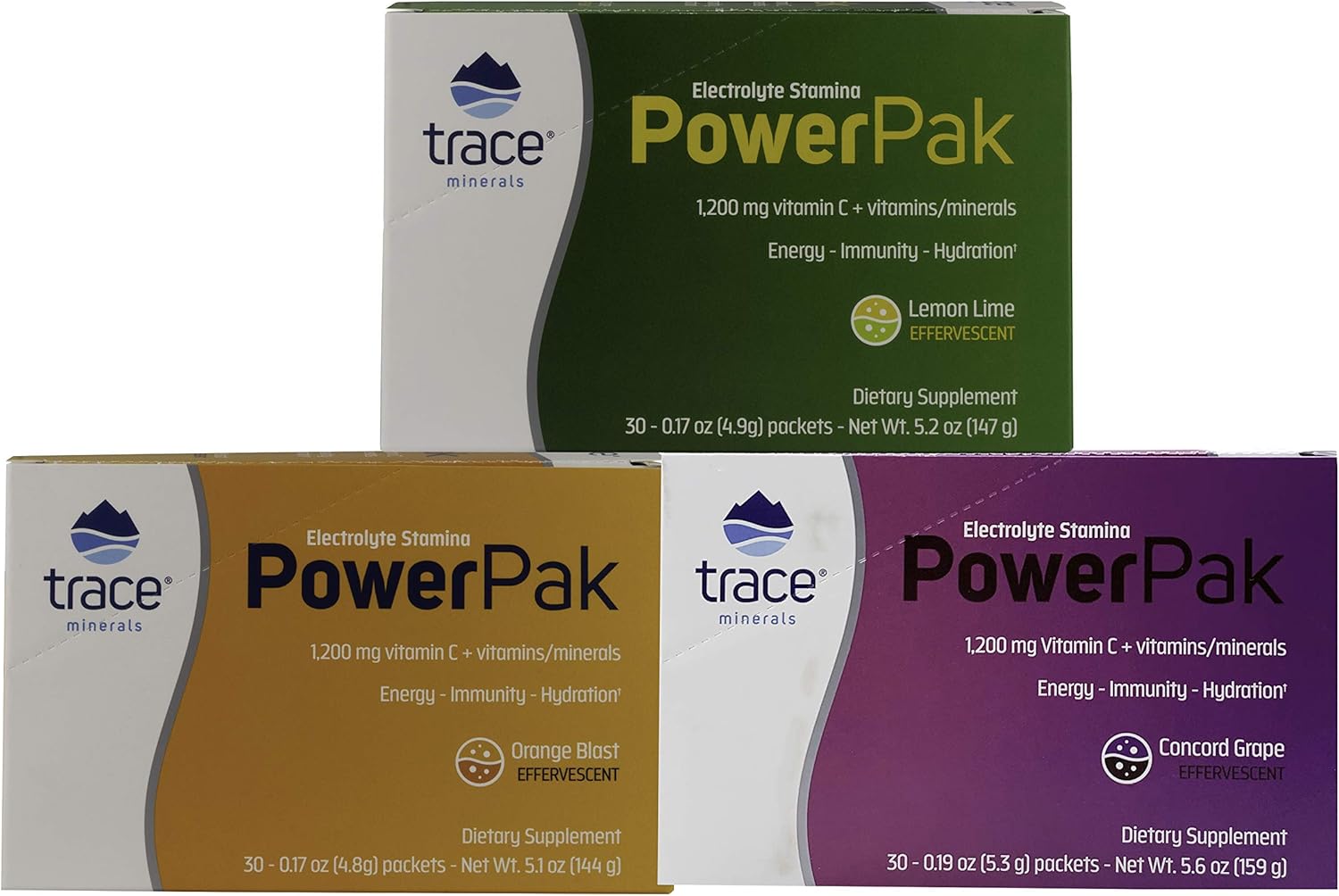Trace Minerals Electrolyte Stamina Power Pak Variety Pack - Non-GMO, 1200mg Vitamin C, 30 Packets - Lemon Lime, Orange Blast, Concord Grape - Pack of 3