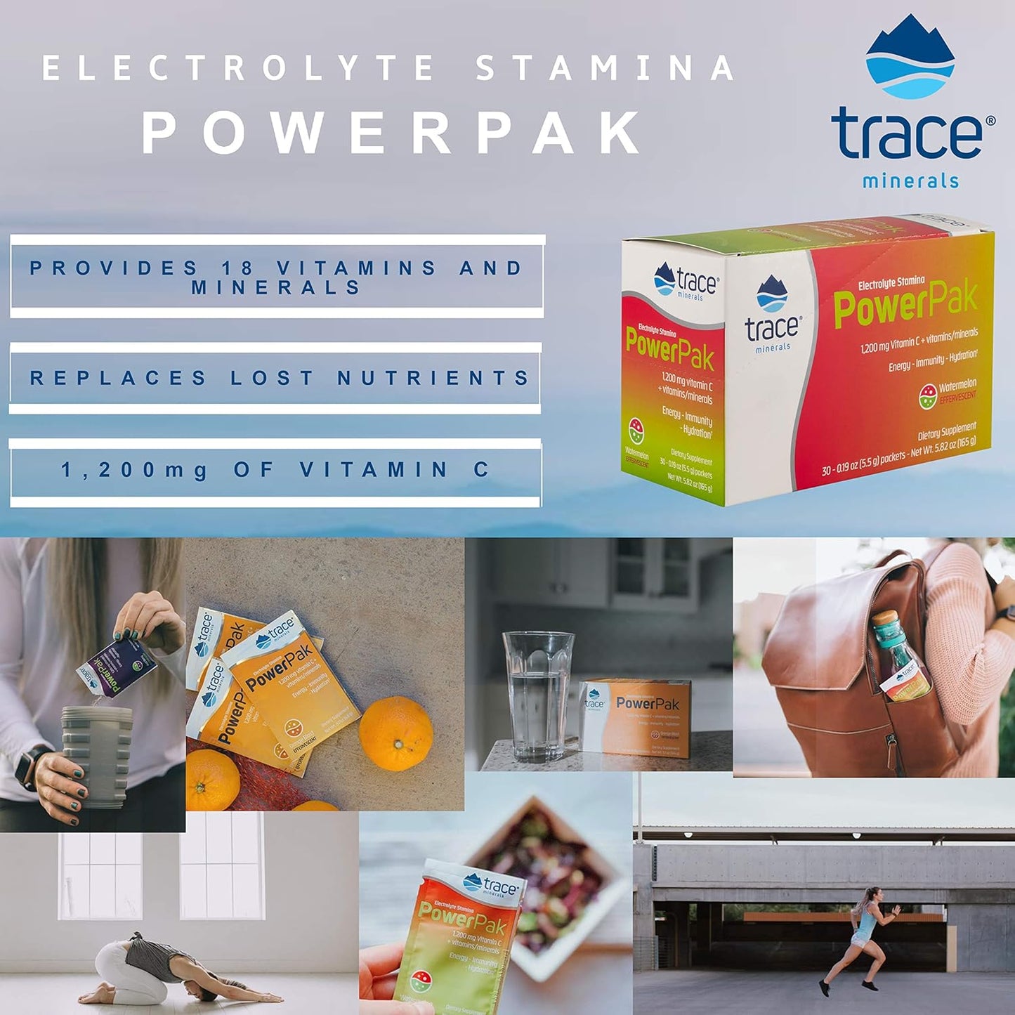 Trace Minerals Electrolyte Stamina Power Pak Variety Pack - Non-GMO, 1200mg Vitamin C, 30 Packets - Lemon Lime, Orange Blast, Concord Grape - Pack of 3
