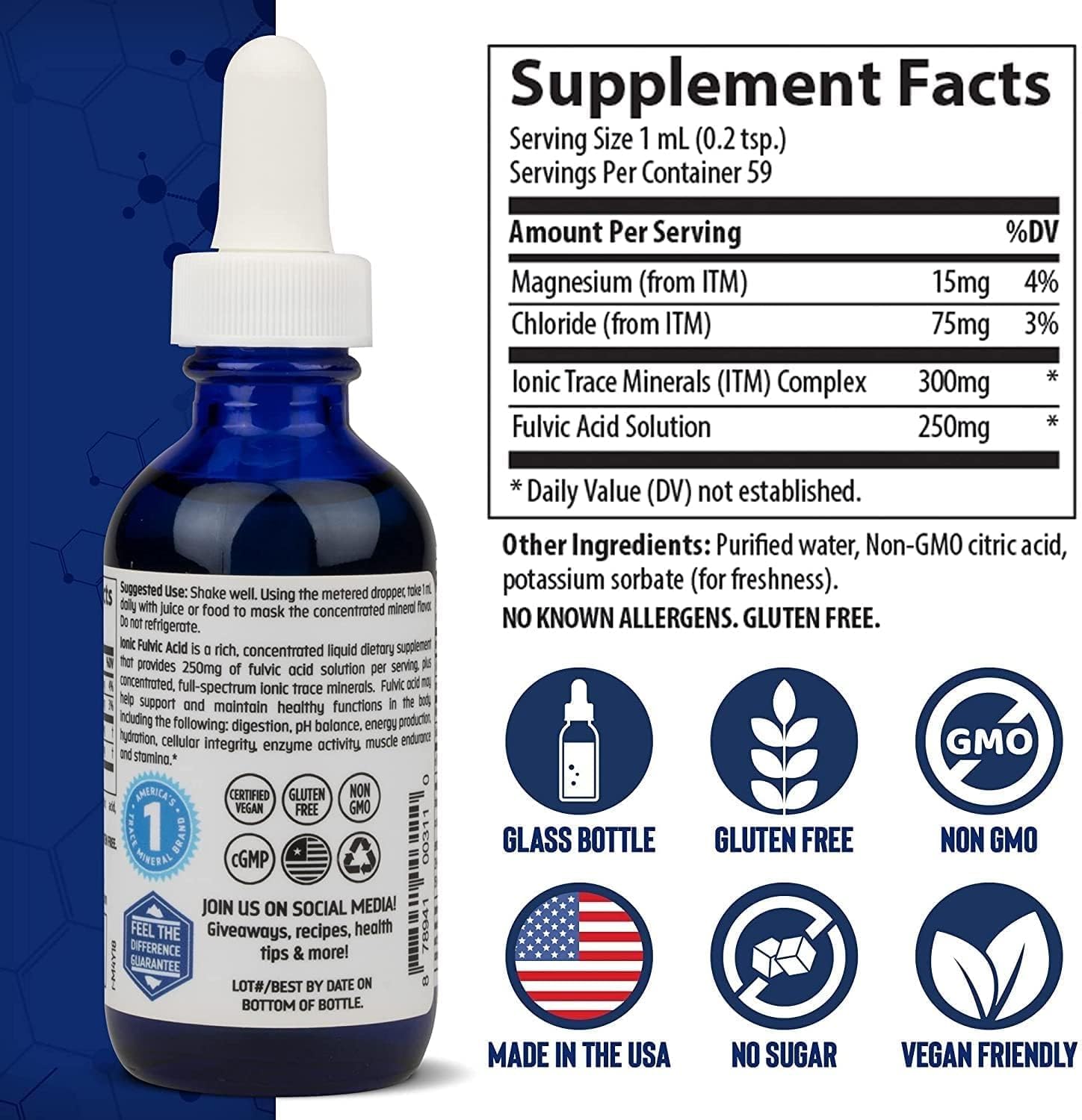 Trace Minerals Research Ionic Fulvic Acid Liquid Supplement - 250mg - Hydration & Energy Support - Muscle Endurance - Healthy Digestion - 2 fl oz