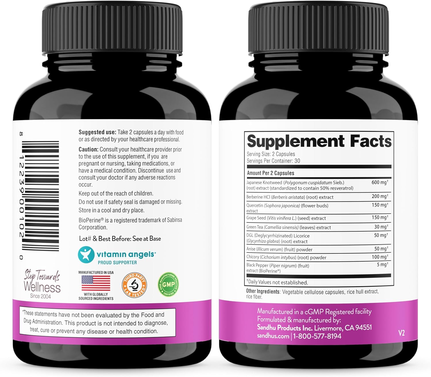 Trans-Resveratrol with Berberine, Green Tea, Grape Seed Extract, & Quercetin Capsules for Gut, Digestive & Immune Health