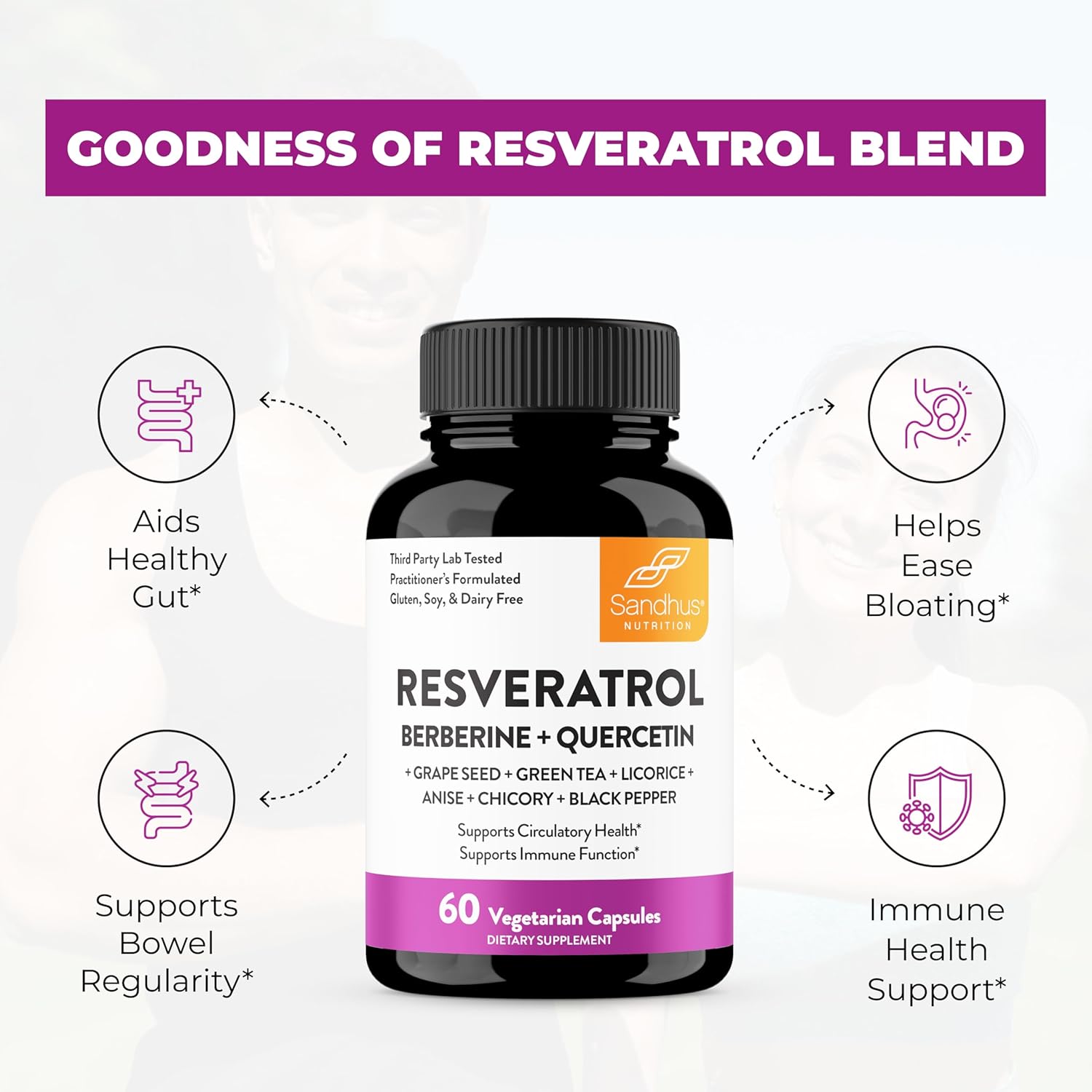 Trans-Resveratrol with Berberine, Green Tea, Grape Seed Extract, & Quercetin Capsules for Gut, Digestive & Immune Health