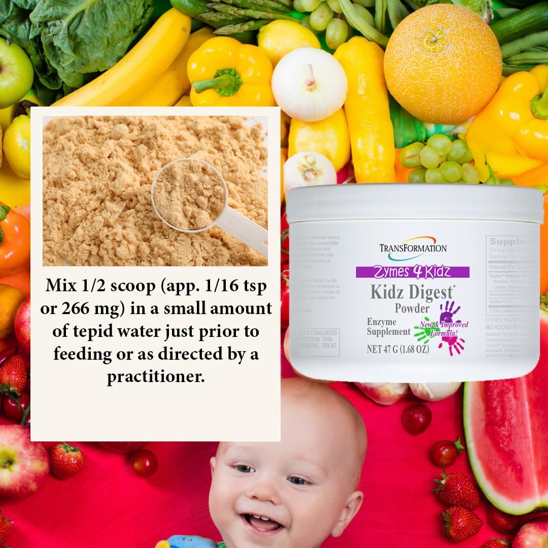Transformation Enzymes Kidz Digest Powder - Natural Digestive Support for Kids - Alleviates Gas, Cramping, Bloating - Easy to Mix - 47g