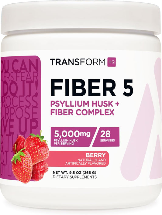 TransformHQ Fiber 5 Psyllium Husk Complex Powder - Berry Flavor - 28 Servings - 5,000mg Psyllium Husk - Digestive Health - Natural Soluble Plant Fiber Blend
