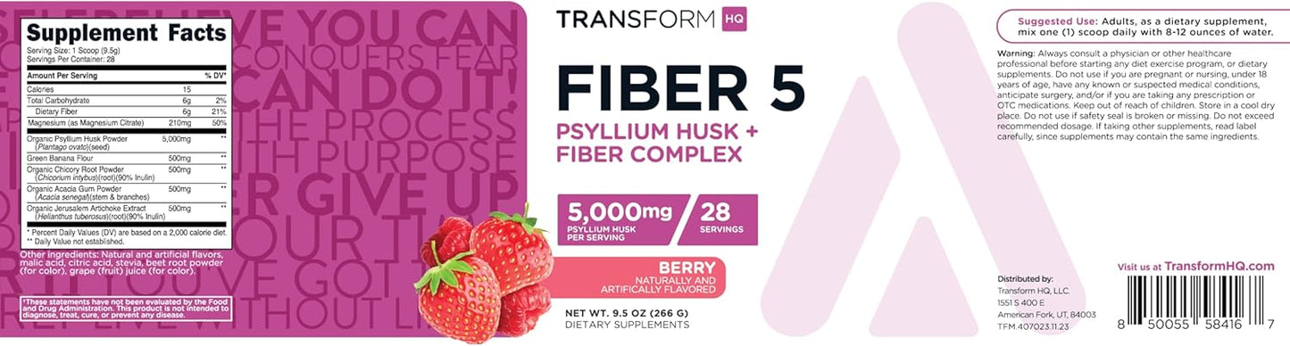 TransformHQ Fiber 5 Psyllium Husk Complex Powder - Berry Flavor - 28 Servings - 5,000mg Psyllium Husk - Digestive Health - Natural Soluble Plant Fiber Blend